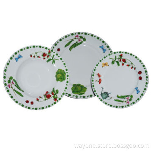 20pcs Porcelain Dinnerware Set, Green Safe w/ Cabbage, Pea, Strawberry, Ladybug, Butterfly Designs